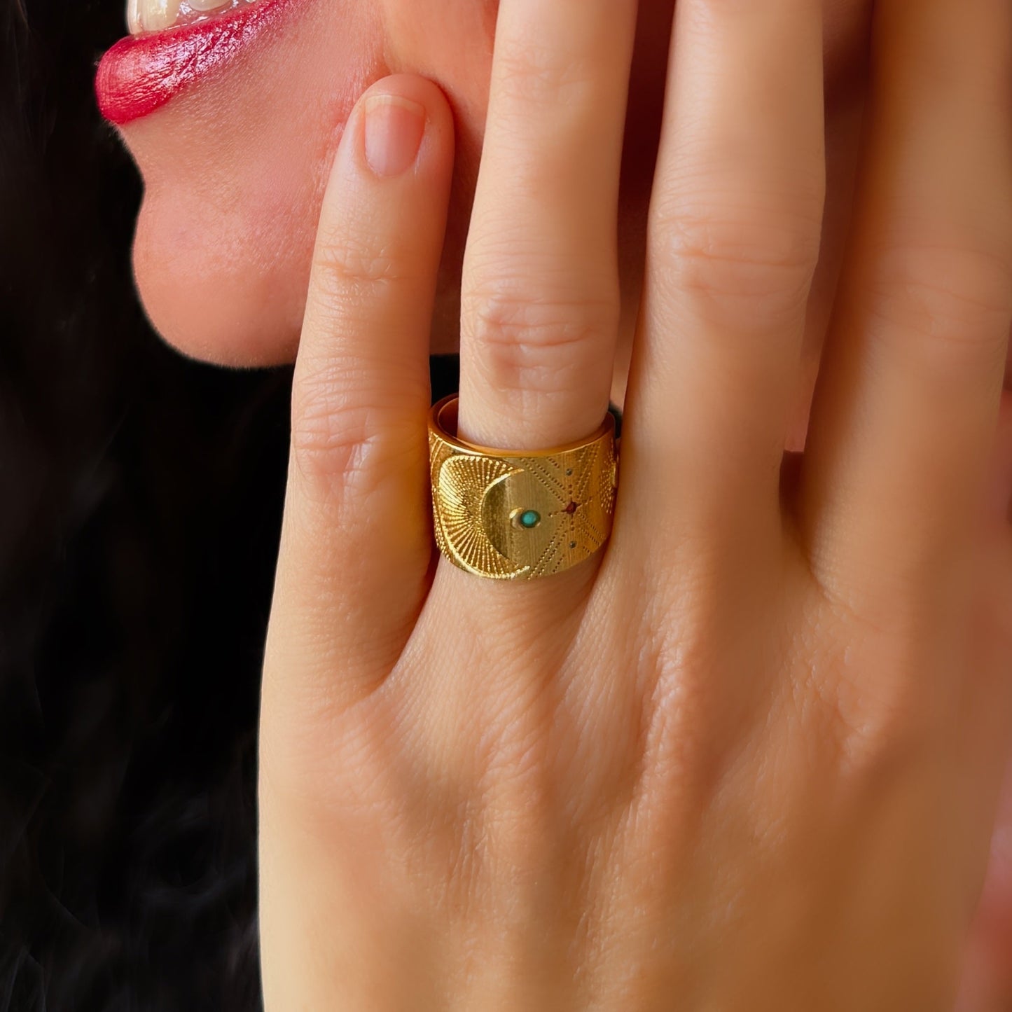 Turquoise and Coral Moon Ring